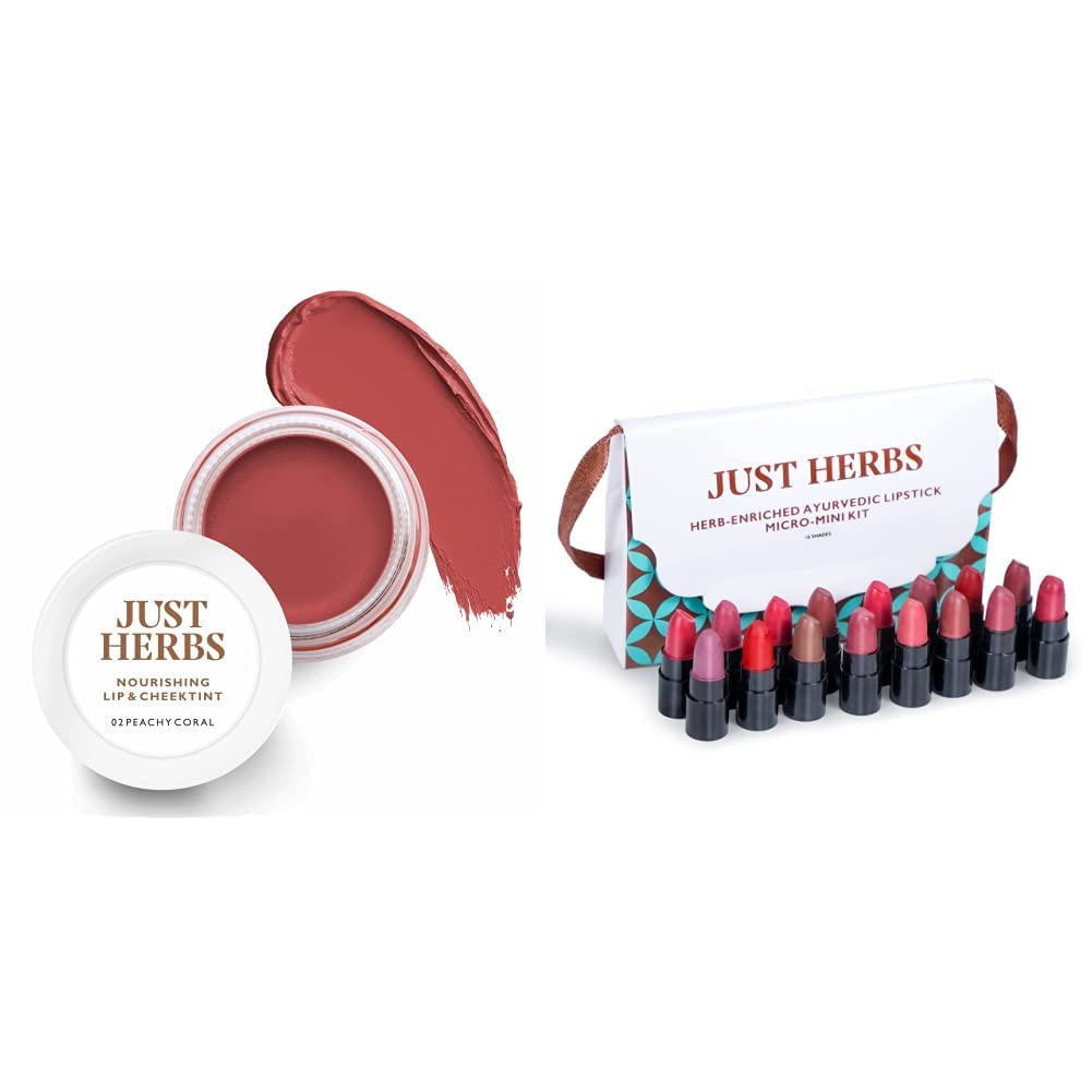 Just Herbs Ayurvedic, Natural Lip & Cheek Tint, Blush For Women- 02 Peachy Coral (Creamy Matte) & Just Herbs Ayurvedic Creamy Matte Lipstick Set38gm (Pack of 16)