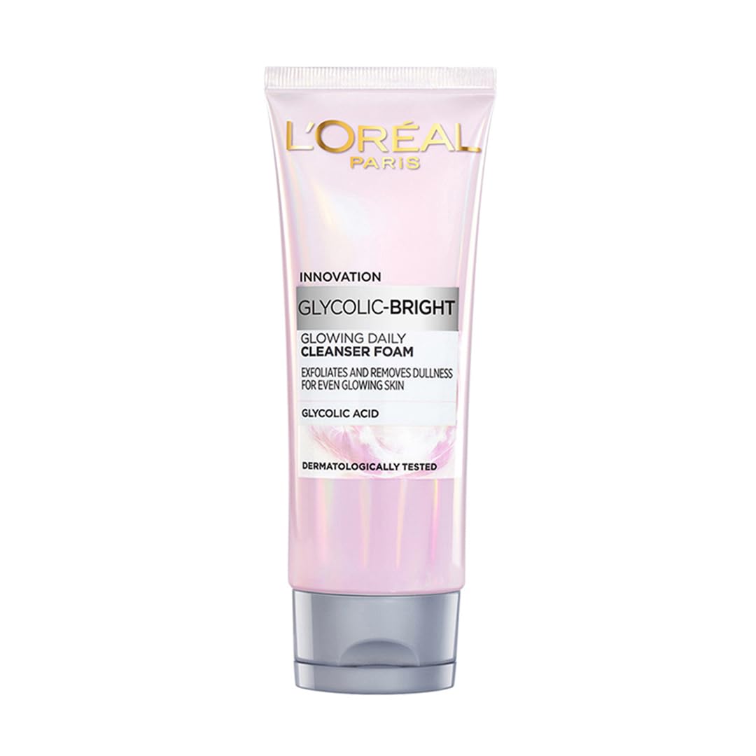L'Oreal Paris Glycolic Bright Daily Foaming Face Cleanser, 100ml | Glycolic Acid Face Wash for Dull Skin | Daily Glowing Facial Cleanser | Suitable for All Skin Types