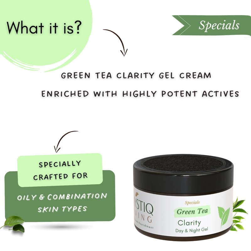 Mystiq Living Green Tea Clarity with 2% Salicyclic Acid Gel Cream for Anti Acne, Pimples & Scar Removal - 50GM | Skin Clarifying Day & Night Gel | Moisturizer for Oily & Acne Prone Skin