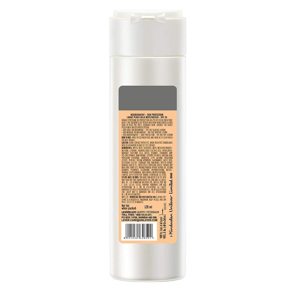 LAKMÉ Peach Milk Face Moisturizer SPF 24 PA++ 120ml, Daily Light Sunscreen Lotion With Vitamin C For Glowing Skin, Sun Protection For Women Of Oily Skin (Pack Of 2)