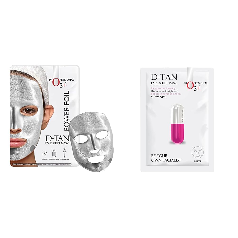 O3+ Power Foil D-Tan Face sheet mask for Skin Brightening Face Mask 20 ml & O3+ Facialist Dtan Face Sheet Mask (30g) Combo