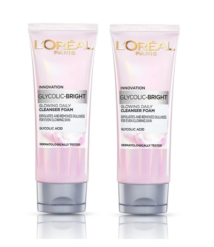 L’Oréal Paris Glycolic Bright Daily Foaming Facial Cleanser, 50ml Daily Glowing Facial Cleanser | Suitable for All Skin Types (PACK OF 2) 100g
