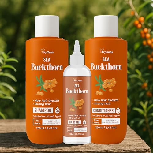 TryOnes Sea Buckthorn Hair Care Combo | Shampoo (250ml) + Conditioner (250ml) + Hair Oil (100ml) | Promotes New Hair Growth, Strengthens Hair | Paraben & Chemical-Free | For All Hair Types