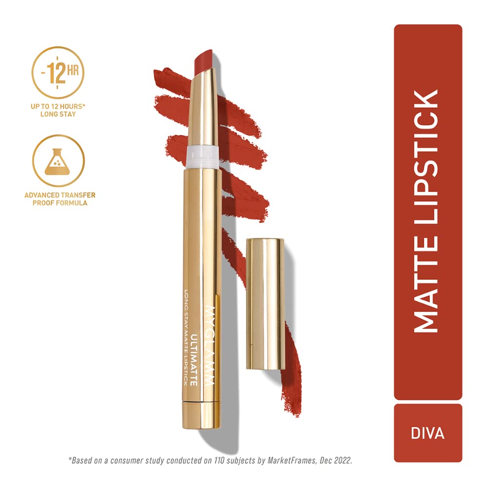 MyGlamm Ultimatte Long Stay Matte Lipstick - Diva (Red) | Long Lasting Lipsticks for Women With 12hr Stay | Transfer Proof | Rich Colour | Moisturising, Lightweight Formula | 1.3g