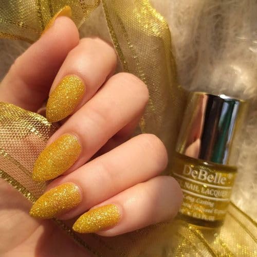 DeBelle Gel Nail Polish Pegasus (Lime Yellow with Gold Glitter Sugar Finish Nail Paint)|Non UV - Gel Finish |Chip Resistant | Seaweed Enriched Formula| Long Lasting|Cruelty and Toxic Free| 8ml
