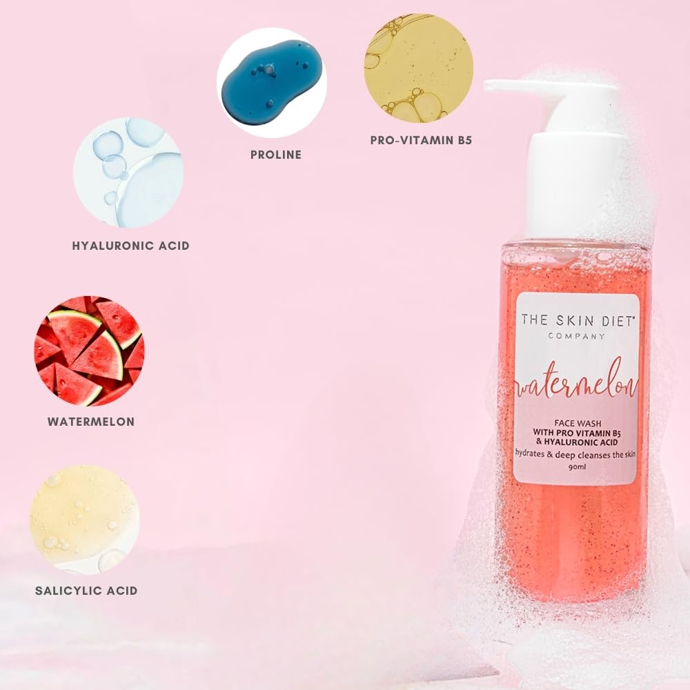 THE SKIN DIET COMPANY Watermelon Face Wash | Refreshing Gentle Cleanser | Hydrates & Boosts Radiance With Hyaluronic Acid & Pro Vitamin B5 | Ideal for All Skin Types | 30ml