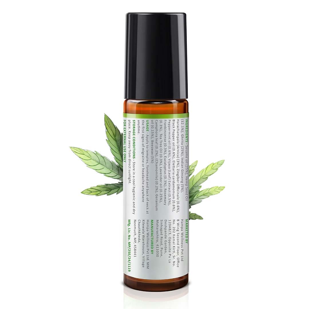 Hampa Hemp Migraine Pain Relief Roll-On | Ayurvedic Oil for Tension, Headache & Migraine with Vijaya, Peppermint & Eucalyptus Oils | Fast-Acting, Natural, Cooling, Non-Sticky | 10ml Travel-Friendly