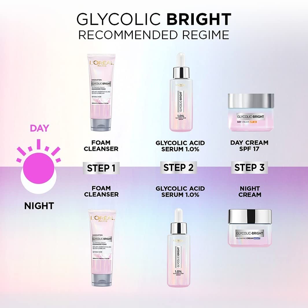 L'OREAL PARIS Glycolic Bright Skin Brightening Serum, 15ml 1% Glycolic Acid For Dark Spots, Pigmentation & Uneven Skin Tone & Glycolic Bright Glowing Night Cream, 15ml For All Skin Type (Pack Of 2)
