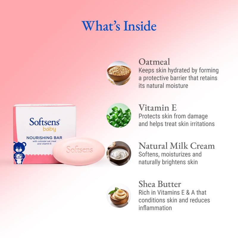 Softsens Baby Nourishing Soap Bar Enriched with Colloidal Oatmeal, Shea Butter & Vitamin E I Dermatologically Tested & Paraben Free for Baby Skin- Pack of 1 (100 gms x 3)