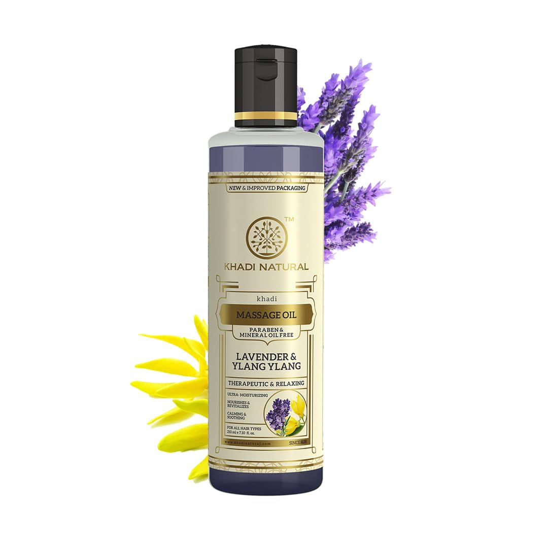 Khadi Natural Herbals Lavender & Ylang Ylang Massage Oil|Paraben & Mineral Oil Free| Quickly absorbing hair oil|Stress-relieving properties|Suitable for All Types of Hair| 210ml