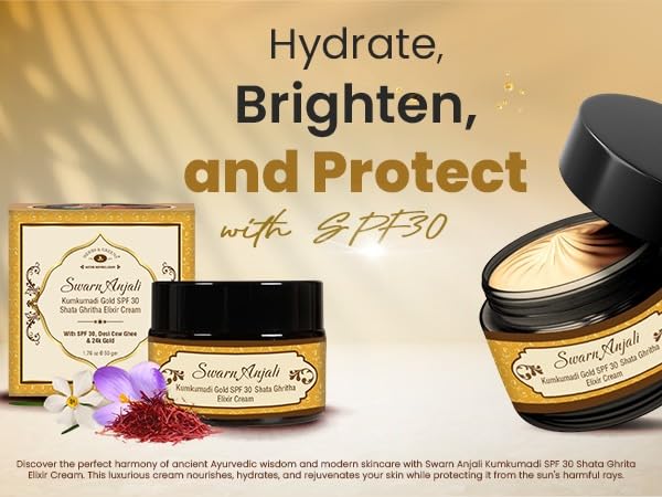 Herbs & Greens Kumkumadi Gold SPF 30 PA ++++ Shata Ghrita Elixir Face Cream with Precious Herbs, Desi Cow Ghee, 24k Gold, and SPF 30 for Collagen Boost, Radiant and Nourished Skin | Day Moisturizer With Sunscreen For Woman & Men | All Skin Types | 50gm