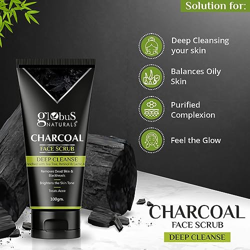 Globus Naturals Anti Pollution & Anti Acne Charcoal Face Scrub, Detox & Deep Cleanse Formula, Fights Pollution and De-Tans skin, For Men with Oily & Acne Prone Skin, 100 gms