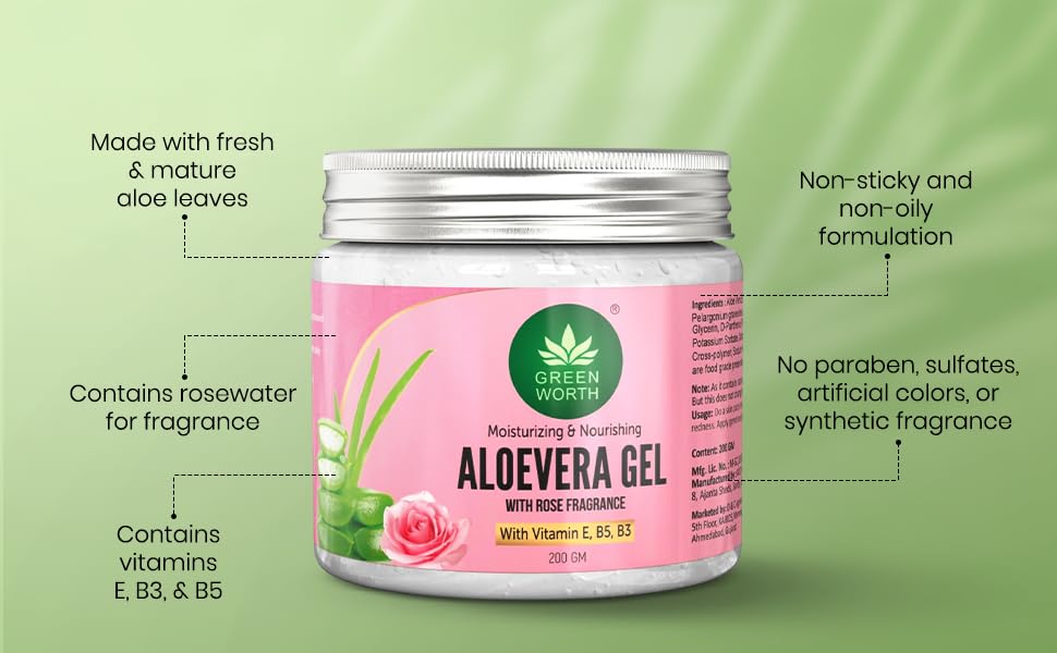 Green worth Pure Aloe vera Gel with Natural Rose | for Face, Glowing Skin and Hair | Paraben Free | 200 Gm