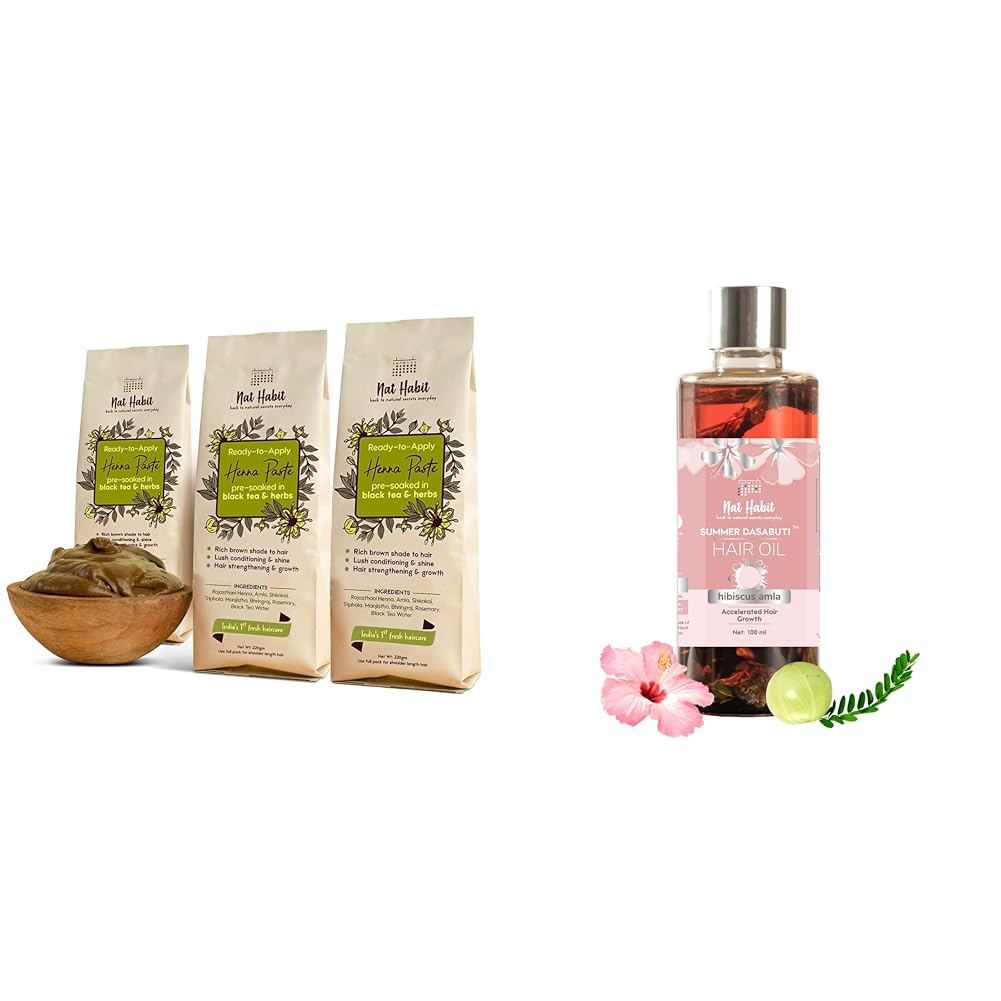 Nat Habit - Fresh Ready To Apply Henna Paste (Pack of 3 x 220g) and Nat Habit Hibiscus Amla Summer Hair Oil For Men & Women - 100ml