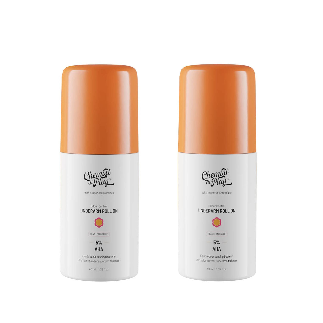 Chemist at Play UnderArm Roll-On with 5% Lactic Acid & 1% Mandelic Acid | Prevents Odour, Brightens Skin & Exfoliates Underarm | Peach Fragrance | Alcohol & Aluminium Free | 40ml (Pack of 2)