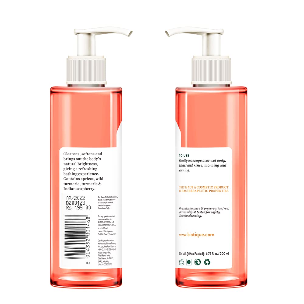 Biotique Bio Apricot Refreshing Body Wash | Keeps Skin Fresh and Clean | Brightens Skin and Reducing Dark Spots | 100% Botanical Extracts | Suitable for All Skin Types | 200ml (Pack of 4)