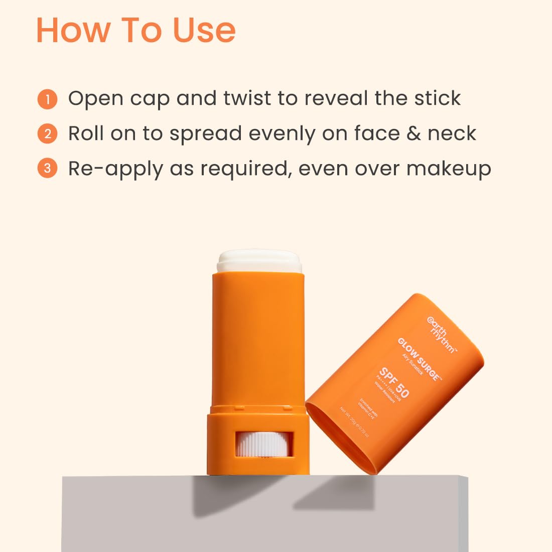 Earth Rhythm Glow Sunscreen Stick SPF 50, PA++++ with Vitamin C, Zinc Oxide, Vitamin E | Water Resistant, Lightweight, No white cast | Men & Women | For all skin types - 20g