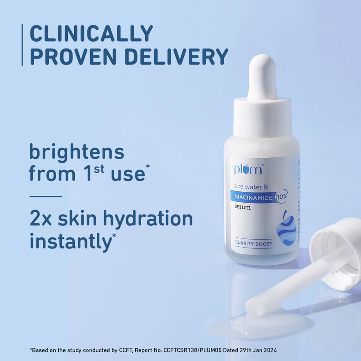 Plum 10% Niacinamide Serum with Rice Water | Provides Clear, Glowing & Brightening Skin | for Acne Prone, Combination, Oily & Sensitive Skin | Oil Control & Anti Acne Face Serum for Women & Men | 30ml
