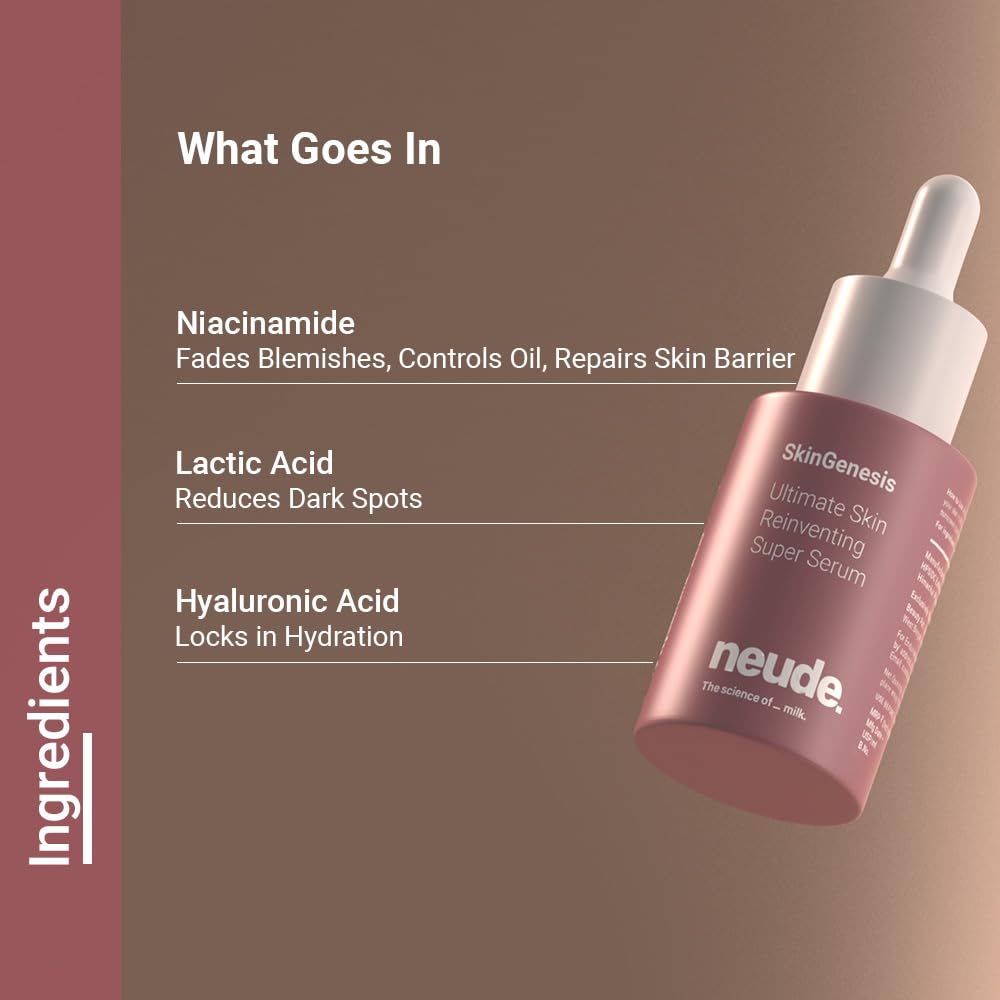 Neude SkinGenesis 30ml All in One Face Serum with 12% Actives – Lactic Acid, Niacinamide & Hyaluronic Acid; Reduces Dark Spots, Fine Lines, Protects Skin Barrier, For Men & Women, All Skin Types