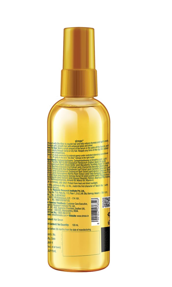 Streax Anti Split Hair serum, 100 ml I Hair Serum for Dry Frizzy Hair|Serum for Frizzy Hair|Hair Serum for Women & Men|With Bio - Elixir I Controls split ends I 82% Reduction in Split Ends I 60% reduction in dryness