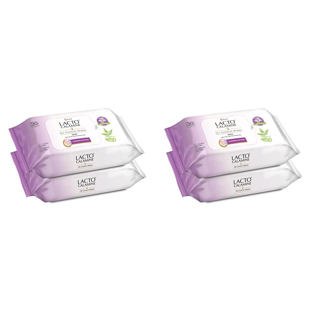 Lacto Calamine Oil Control Face Wipes | 30 N each- Pack of 4 | Wet Wipes for Face With Neem, Aloe Vera & Niacinamide | Makeup Remover Wipes | Hydrating, Refreshing, Soothing | Pararben & Alcohol Free