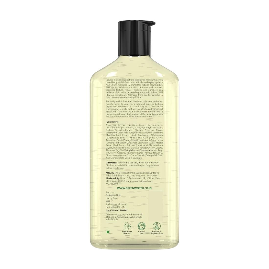 GREENWORTH Body wash for glowing skin with AHA and Aloevera | Hydrating and Gentle Exfoliating Body Wash for Brighter, Softer and Smoother Skin| Sulphate & Paraben Free | 300 ml