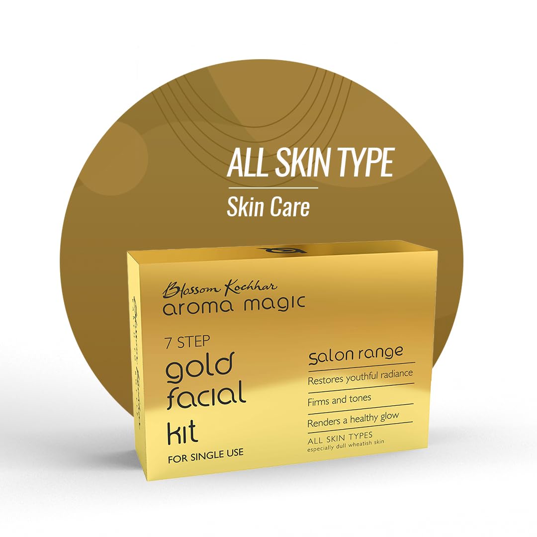 Aroma Magic 7 step Gold Facial Kit | Firms, Tones & Renders a healthy glowing skin| with Marigold & Rose Extracts| All Skin type| Single Use| Pack of 1 (20g + 18ml)