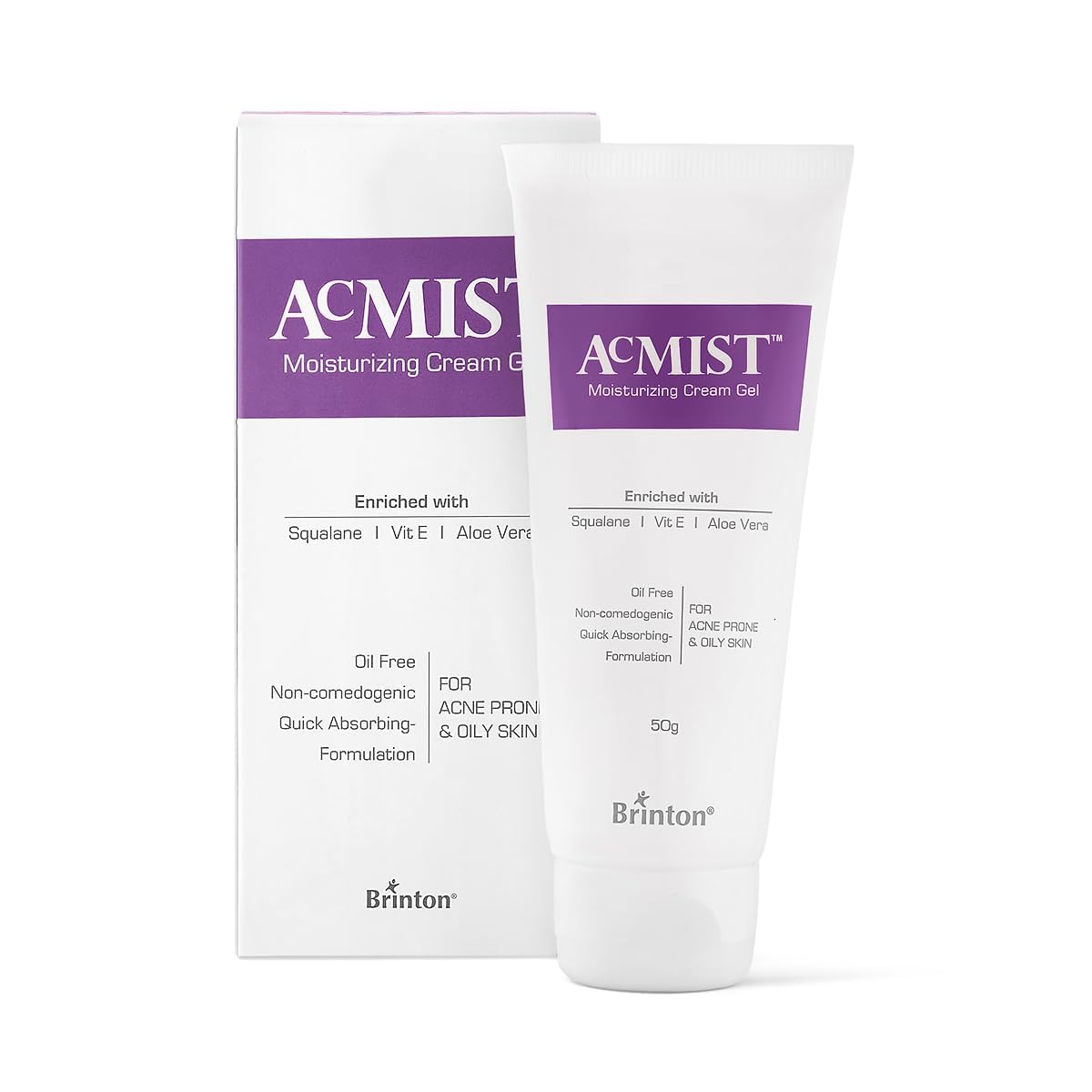 Brinton AcMist Vitamin E & Aloe Vera Based Moisturizing Cream Gel for Acne Prone and Oily Skin | Oil Free, Quick Absorbing & Lightweight | 50 g x Pack of 4