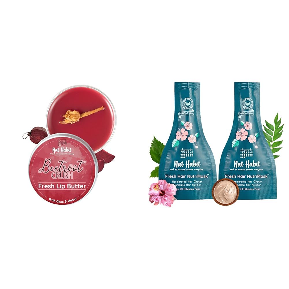 Nat Habit Lip Balm Fresh Beetroot Crush 10gm Lip Butter For Natural Pink Lips and Nat Habit Five Oil Hibiscus NutriMask-Hair Mask For all Hair & Scalp Types (Pack of 2 x 40 gm)