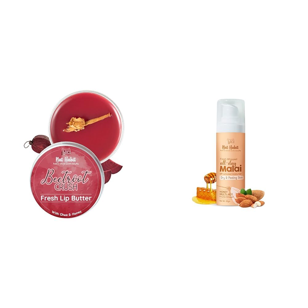 Nat Habit Beetroot Lip Butter 10g -LIp Balm and Honey Multinut Face Malai- Face Cream 30g - For Lip Pigmentation, Dry & Peeling Skin