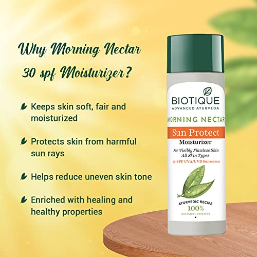 Biotique Morning Nectar Sun Protect Moisturizer SPF 30 UVA/UVB Sunscreen| Contains Wild Turmeric, Neem Leaves, & Morning Nectar | Visibly Flawless Skin | Suitable for All Skin Types | 120 ml
