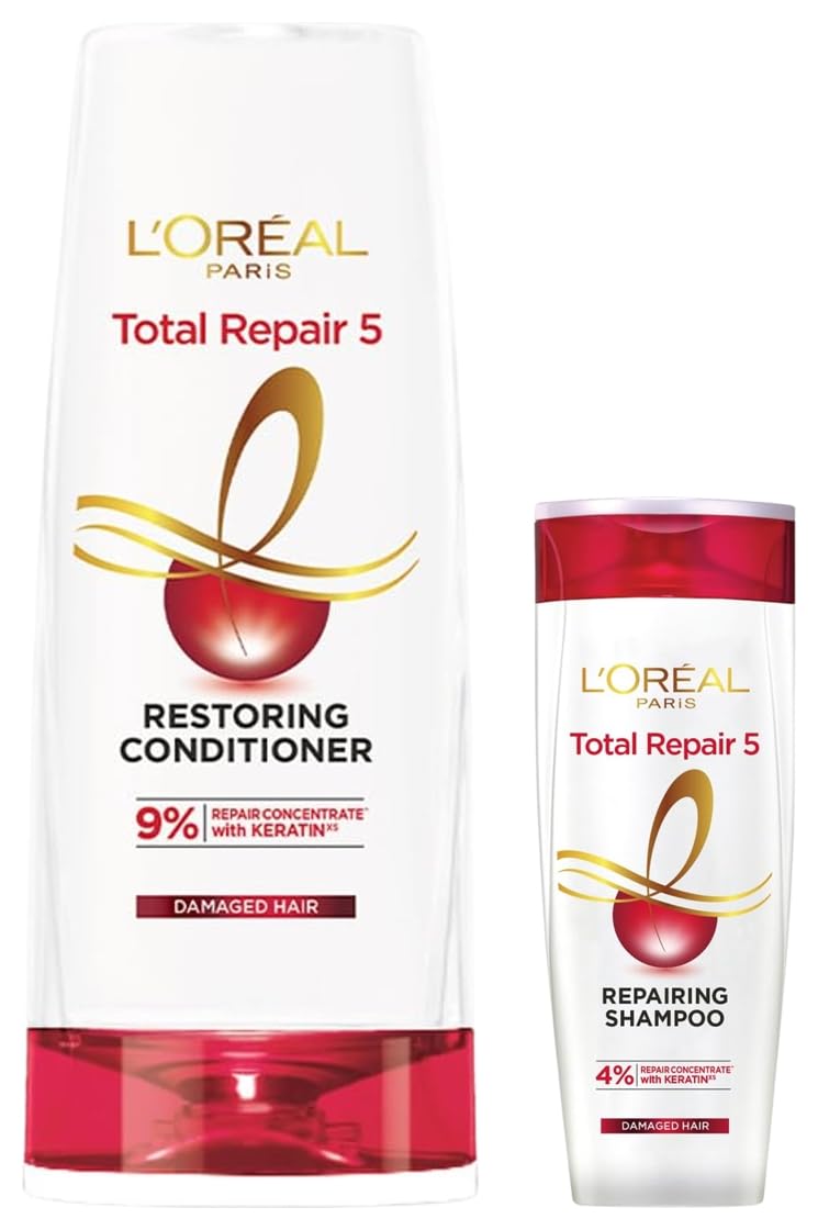 L'Oreal Paris Total Repair 5 Restoring Conditioner With Keratin XS For Damaged Hair, 386 ml & L'Oreal Paris Shampoo, For Damaged and Weak Hair, With Pro-Keratin + Ceramide, Total Repair 5, 180 ml