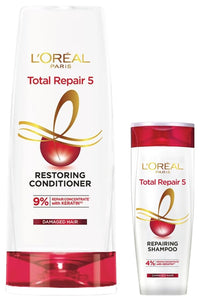 L'Oreal Paris Total Repair 5 Restoring Conditioner With Keratin XS For Damaged Hair, 386 ml & L'Oreal Paris Shampoo, For Damaged and Weak Hair, With Pro-Keratin + Ceramide, Total Repair 5, 180 ml
