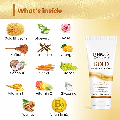 Globus Naturals Gold Radiance Anti Ageing & Brightening Face Scrub Enriched with Saffron, Liquorice & Walnut, 100 gms