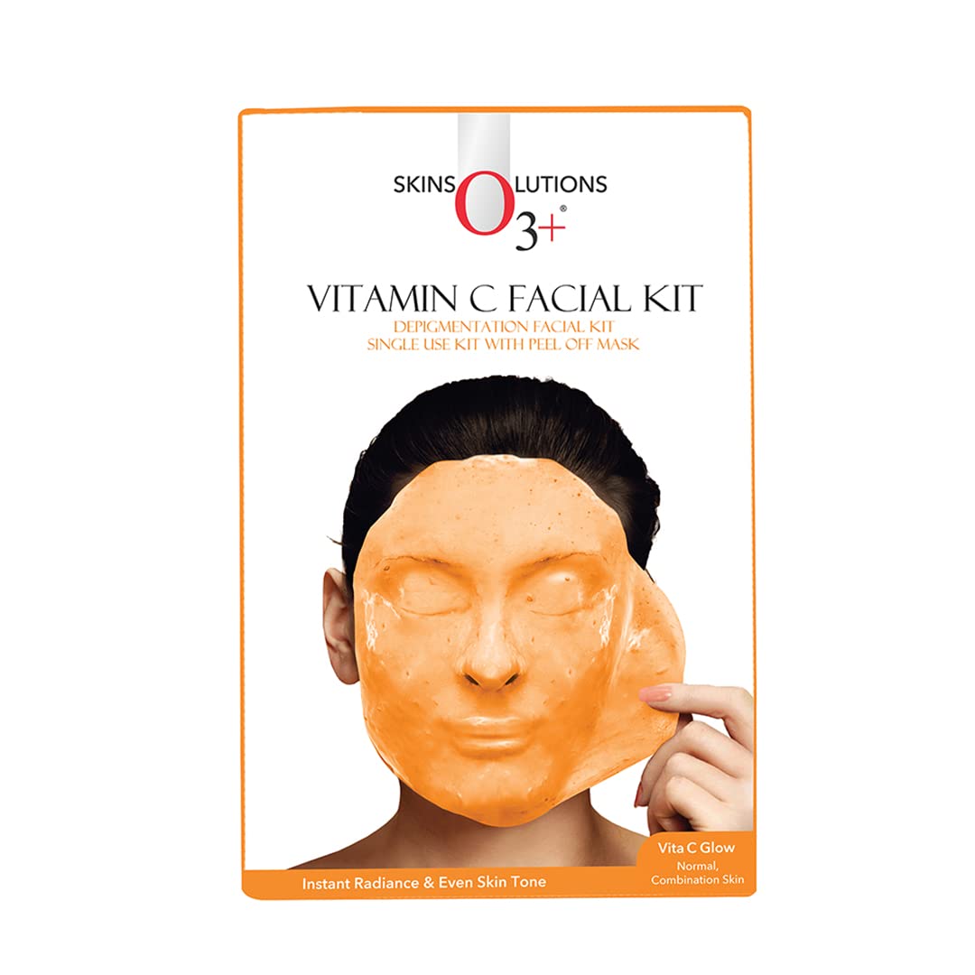 O3+ Vitamin C Facial Kit Depigmentation Single use Kit with Peel Off Mask, 45g & O3+ ALPHA MEN Acno D-TAN Scrub With Hyaluronic & Mint 50g - Detan Scrub for TAN removal Combo