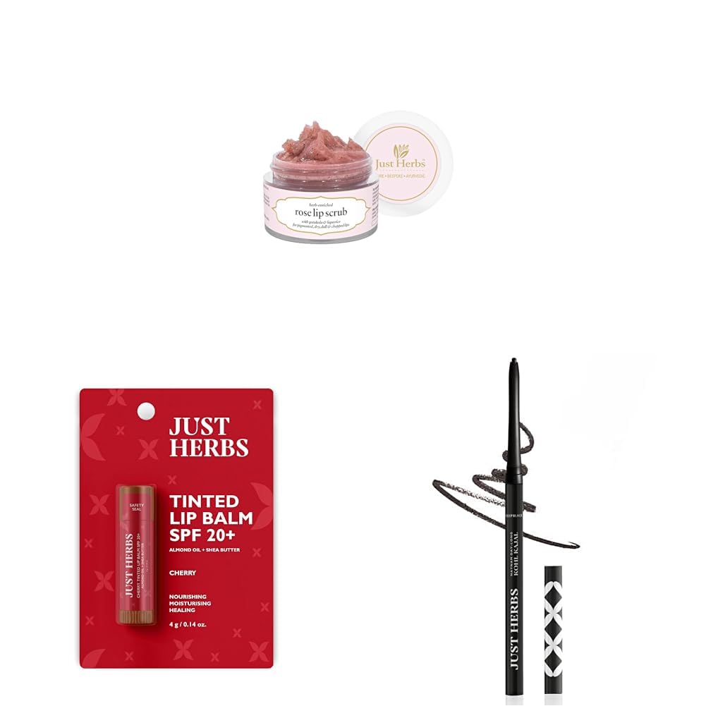 Just Herbs Ayurvedic Rose Lip Scrub For Dry & Tinted Lip Balm, With Spf 20+ For Dark Lips To Lighten 4G & Retractable 2 In 1 Herbal Eyeliner+Kajal With Almond Oil & Vitamin E, 11 Hour Stay-Black 0.3G