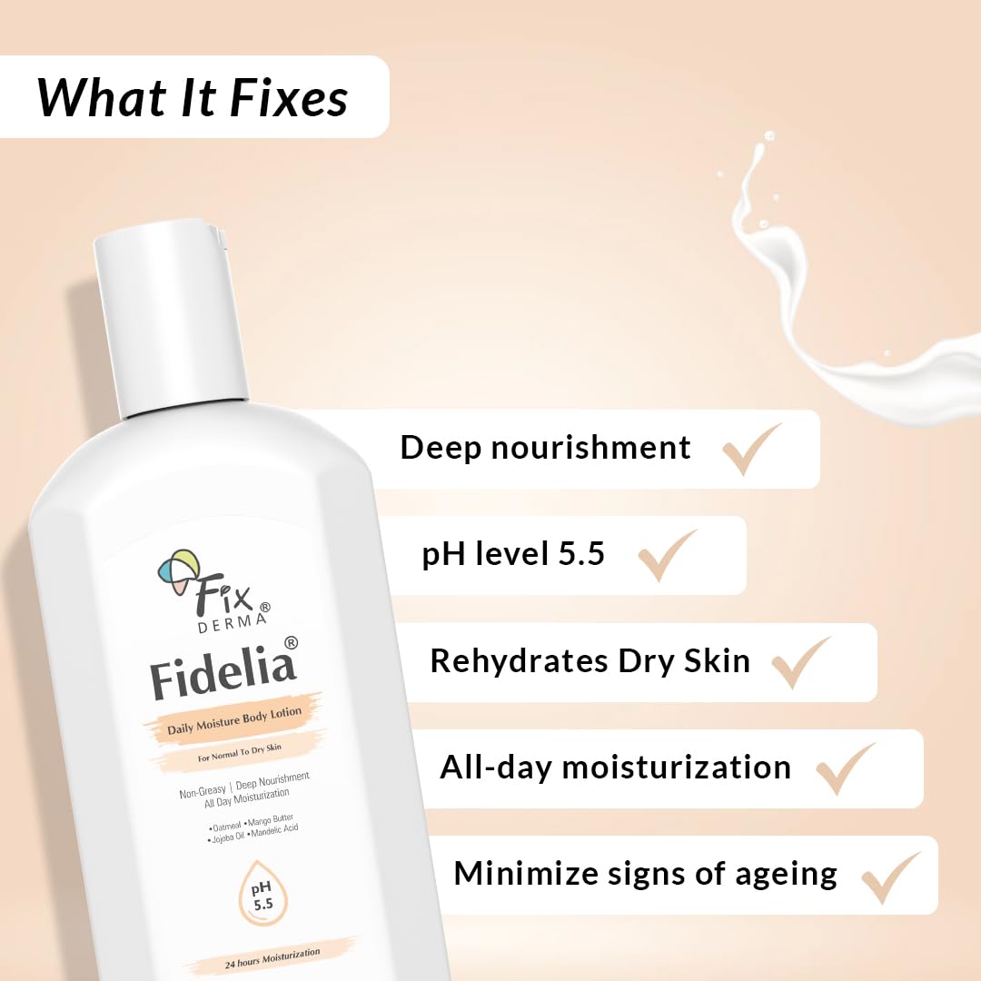 Fixderma Fidelia Daily Moisture Body Lotion | Moisturizer for Face & Body | Body Lotion for Winter | Body Lotion for Women & Men | Body Lotion for Dry Skin with Jojoba Oil & Oatmeal - 250Ml