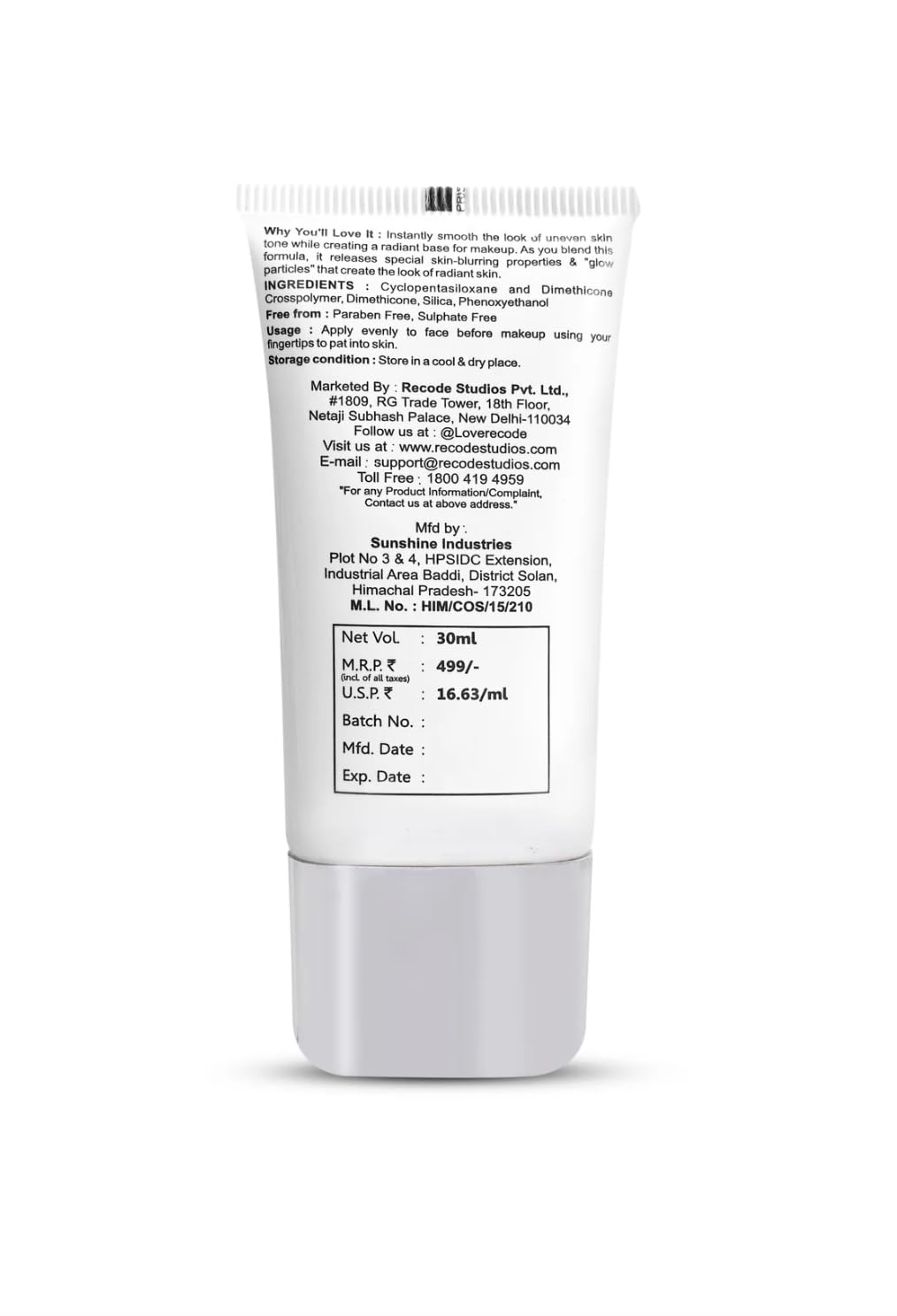 Recode Ace of Base Radiant Primer for Face Makeup 30ml | Shimmery Finish |Applicable on all skin types | Blurs Fine Lines, Wrinkles & Pores