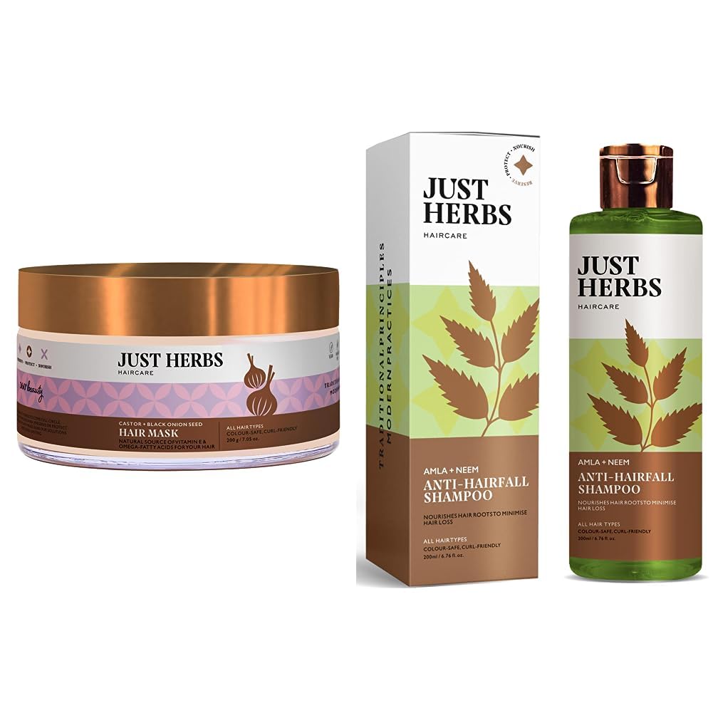 Just Herbs Anti Hairfall Natural Hair Mask With Castor & Black Onion Seed- 200Gm & 8 In 1 Root Nourishing Amla Neem Hair Fall Control Shampoo 200 Ml Combo For Frizzy Hair, 3 Count