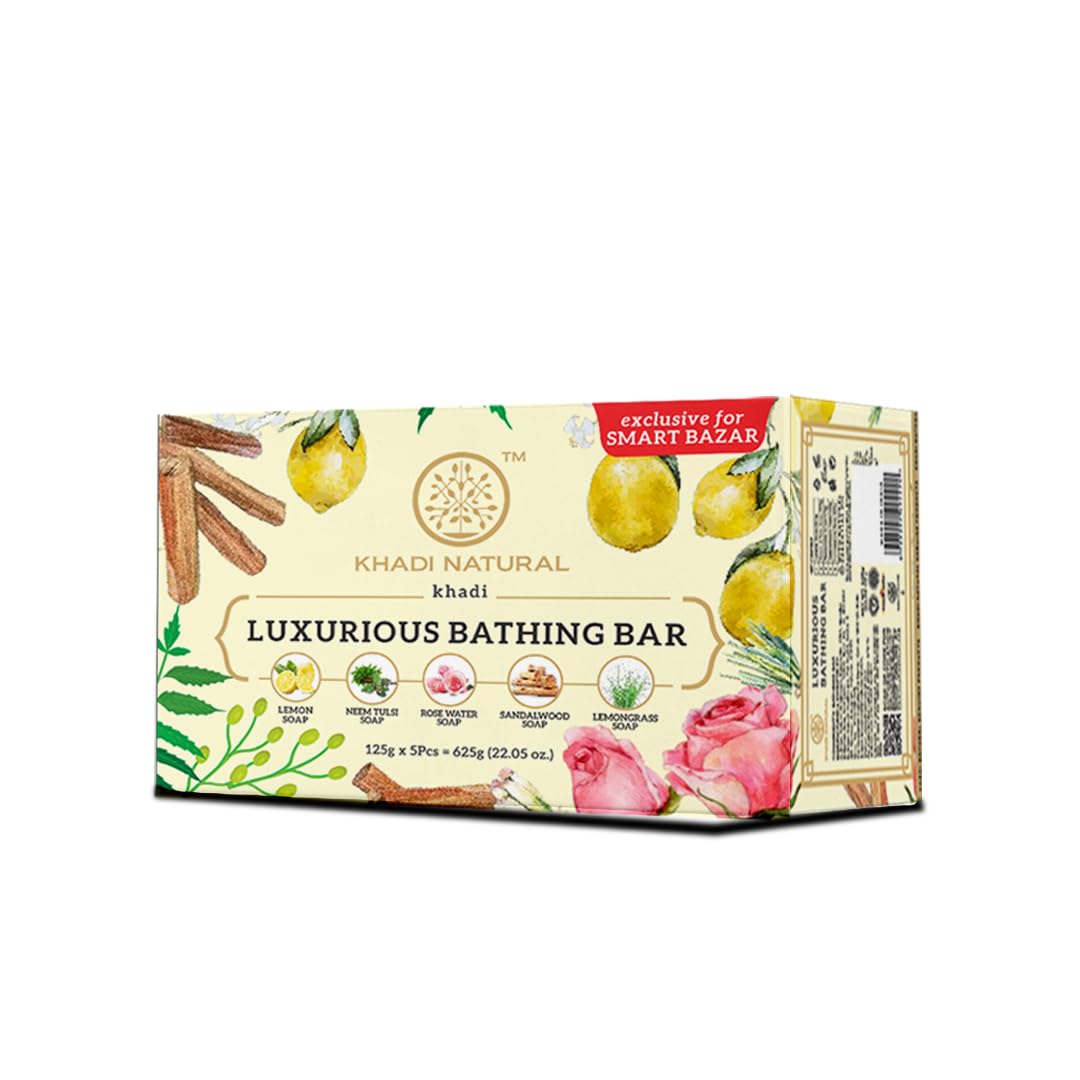 Khadi Natural Luxurious Bathing Bar Pack | Glycerine Soaps | Contains Natural Essential Oils | Promotes Moisturizing & Cleansing | Refreshes Skin | Suitable for All Skin Types | Pack of 5- (125gm*5) (625gm)