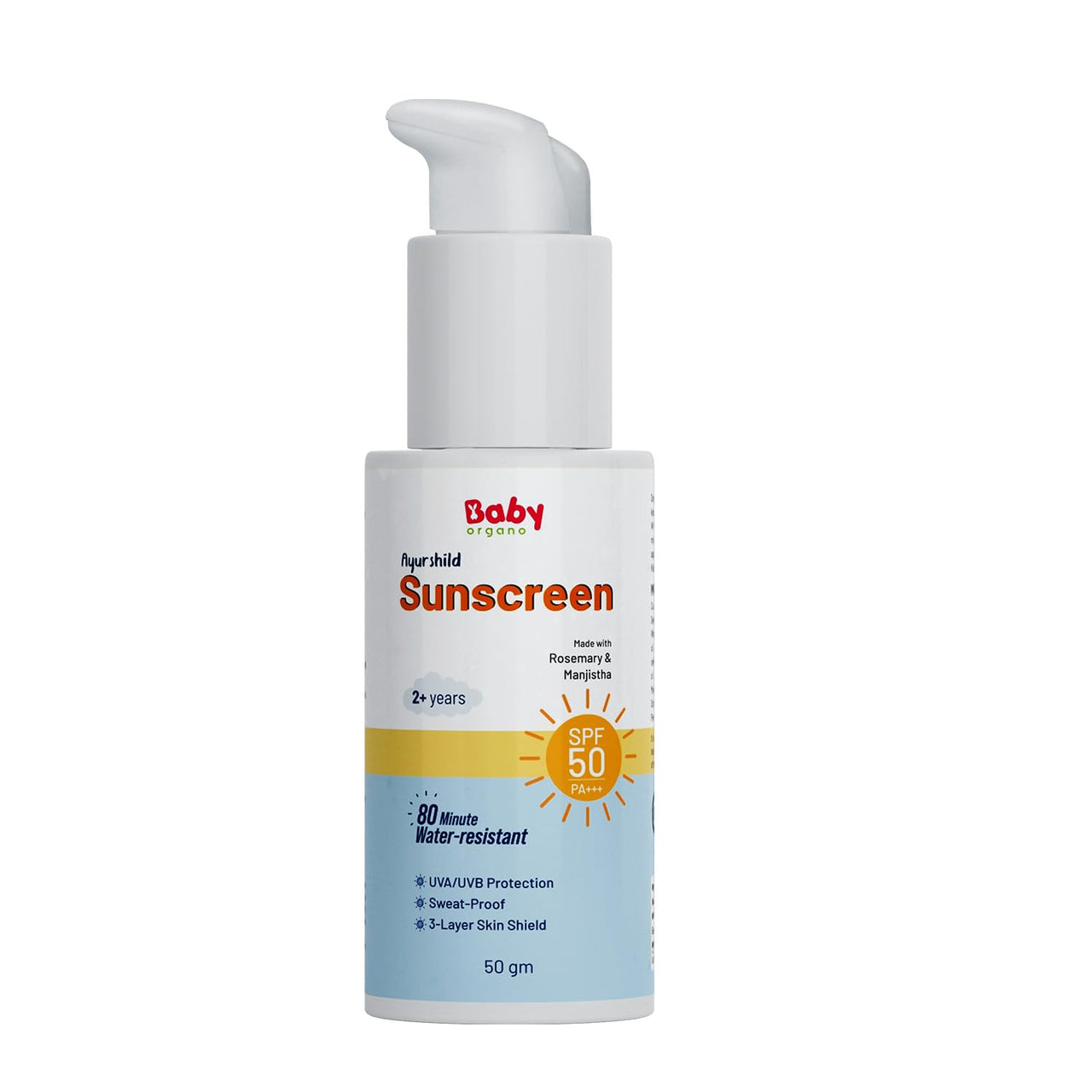Babyorgano Natural Sunscreen For kids (2+ years) SPF 50 PA+++ UVA/UVB/Suits all Skin Type |Sun Protection |Deep Hydration 50gm (Pack of 1)
