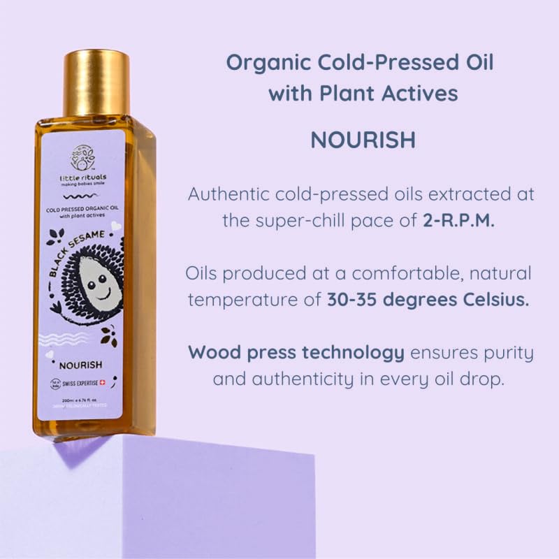 Little Rituals Organic Baby Massage & Hair Oil - Sweet Almond (Badam), Coconut, Black Sesame, Travel Pack, Wood Cold Pressed, Plant Actives, Dermatologist Tested by Pediatrics, Safe & Gentle, 30ml