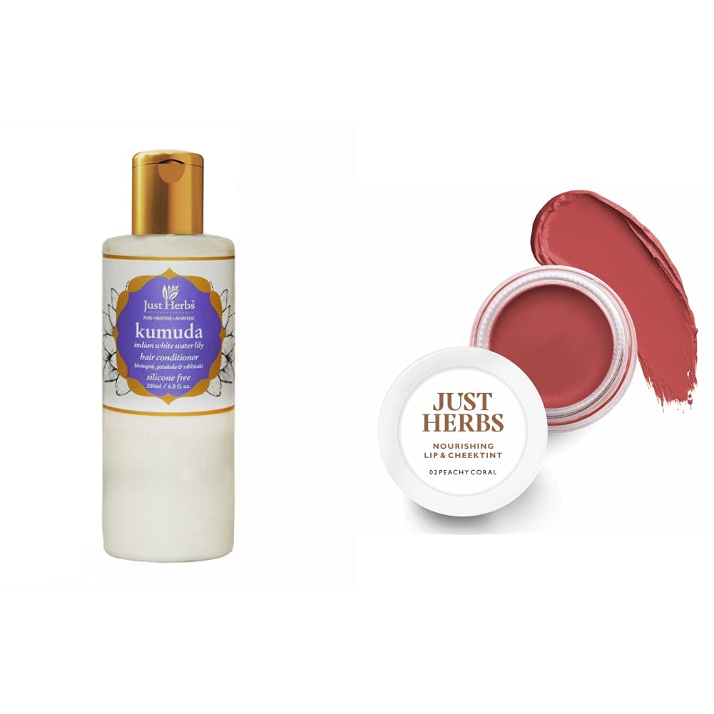 Just Herbs Kumuda - Indian White Water Lily Silicone-Free All Conditioner & Ayurvedic,Natural Lip & Cheek Tint,Blush For Women - Sls,Chemical & Paraben Free - 02 Peachy Coral (Creamy Matte),2 count