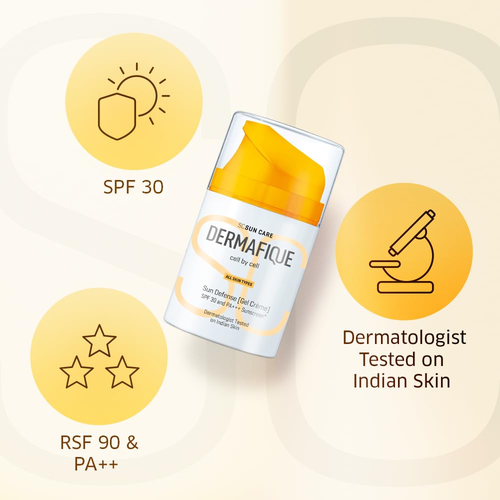 Dermafique Sun Defense Gel Crème, SPF 30, PA +++ Sunscreen 50g, All Skin Types, 360° Sun Spectrum Protection, Prevents Tanning, Pigmentation & Photoaging, UVA,UVB, IR & Visible Light Protection, Dermatologist Tested on Indian Skin, for Men & Women