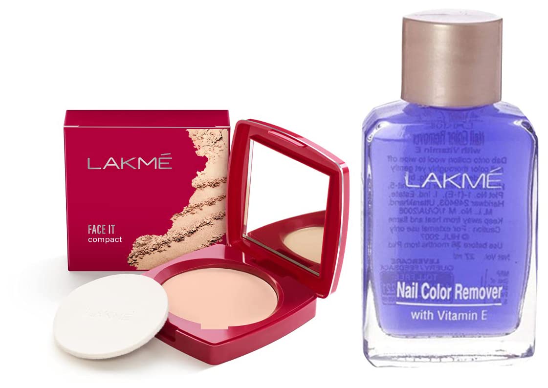 Lakmé Face It Compact Pressed Medium Coverage, Pearl, 9 G & Glossy Nail Color Remover for All Skin Type, 27Ml