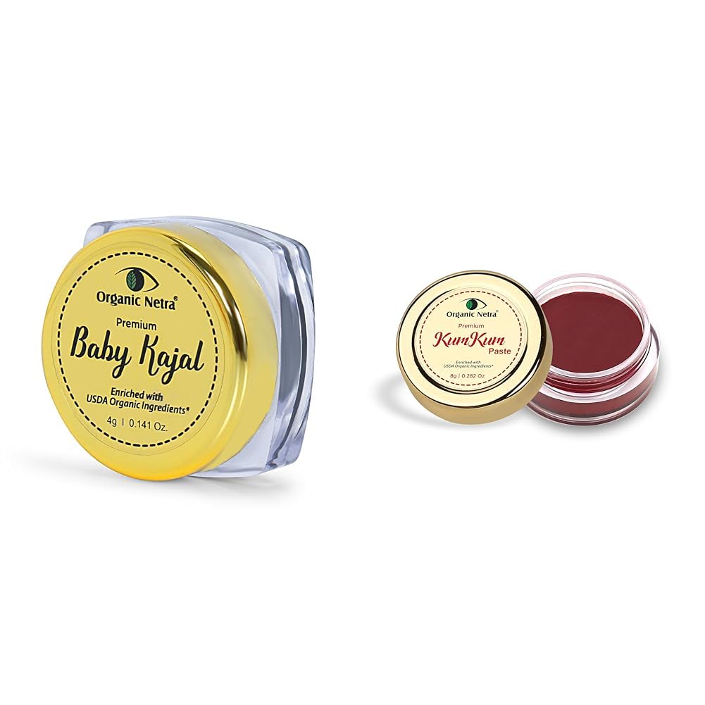 Organic Netra Baby Kajal Water Resistant, Smudgeproof 4g and Organic Netra Sindoor/Kumkum Paste | Waterproof Long lasting, Smudge Proof Sindoor | 8gm