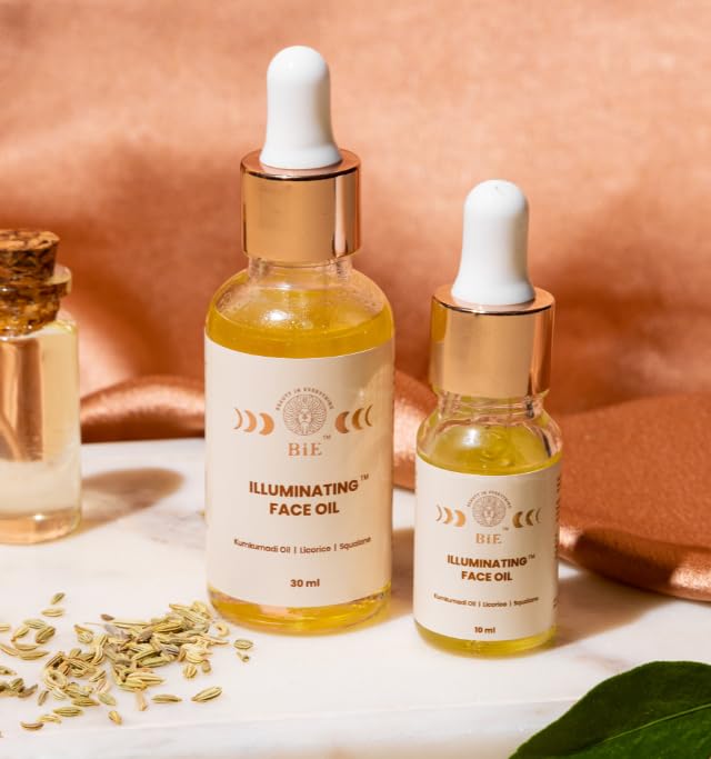 BiE Illuminating Face Oil with Kumkumadi Oil | Squalane | Licorice for Glowing Skin | For Glowing Skin, Brightens & Hydrates | Repairs Skin Barrier | Lightweight Facial Oil for Daily Use | Unisex | No Added Fragrance | 30ml