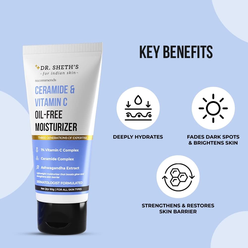 Dr. Sheth's Ceramide & Vitamin C Oil-Free Duo | Sunscreen & Moisturizer Combo for Oily Skin | Protecting & Hydrating | Lightweight & Non-Greasy | For Bright & Nourished Skin | For Men & Women | 50 g x 2