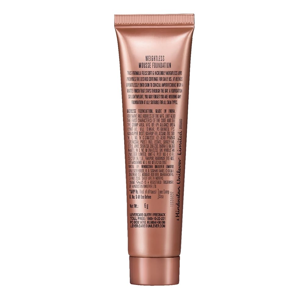 Lakmé 9To5 Powerplay Mousse Matte Liquid Light Coverage Foundation For All Skin Mini,01 Rose Ivory,6g , 1 Count
