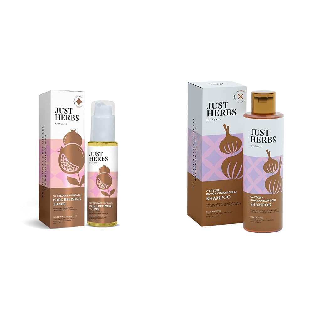 Just Herbs Ayurvedic Pomegrante Alcohol Free Facial Toner & Just Herbs Castor and Black Onion Seed Sulfate Free Shampoo Reduce Hairfall Combo